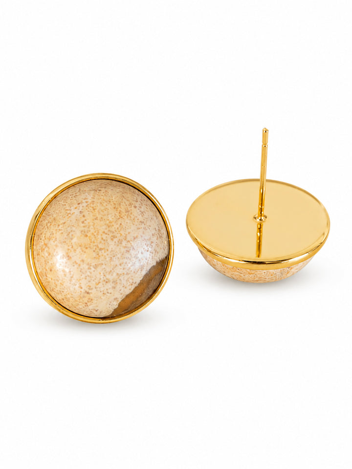 Round natural stone stud earrings with gold-plated frame