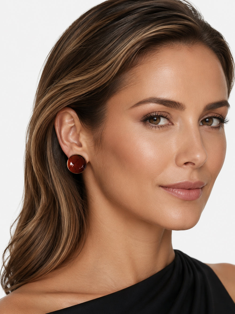 Siona stone stud earrings styled on model