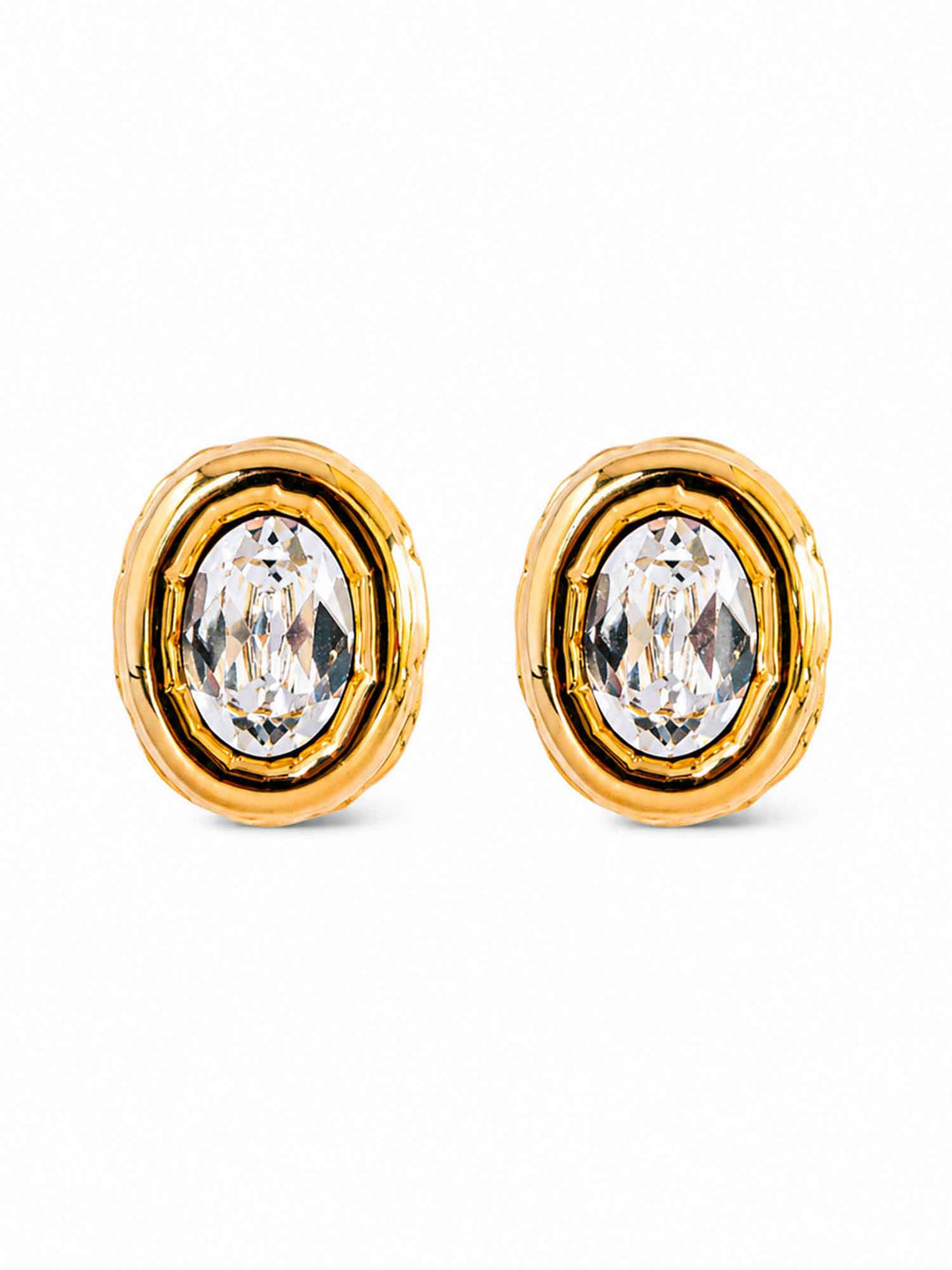 Pair of Sparkle oval crystal gold stud earrings on white background