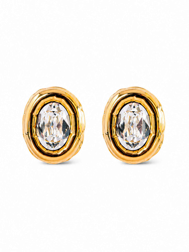 Pair of Sparkle oval crystal gold stud earrings on white background