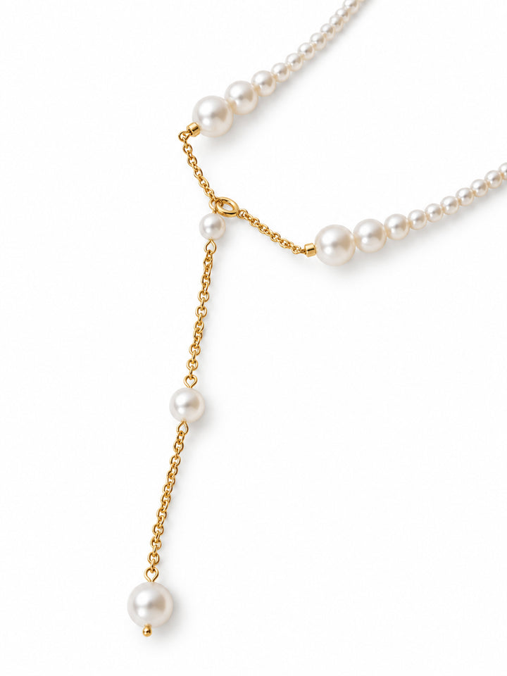 Sybilla Graduated Pearl Necklace - pearl-accented chain and clasp detail