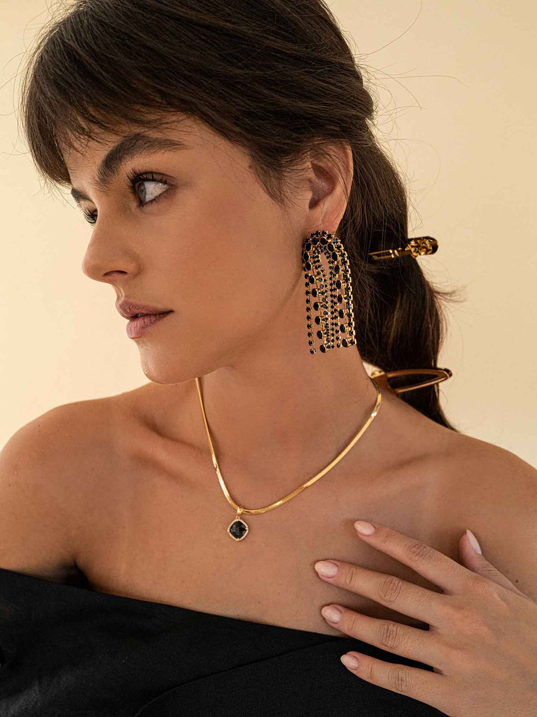 Vega Black Crystal Arch Earrings
