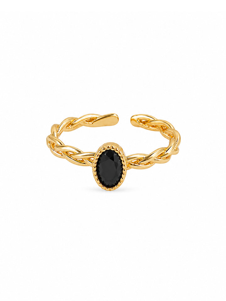 Gold-plated braided ring with oval black stone