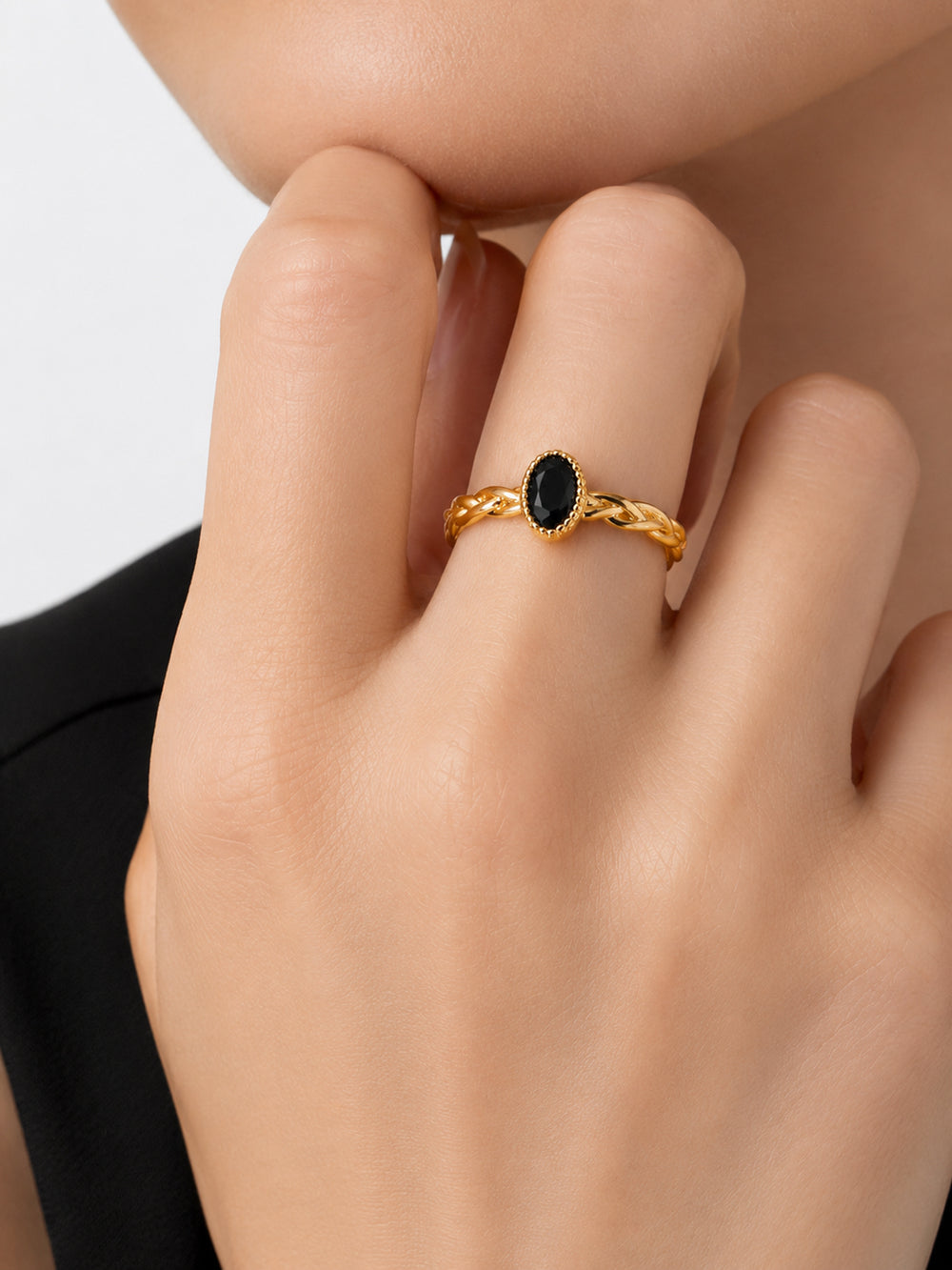 Vienne black stone ring styled on hand