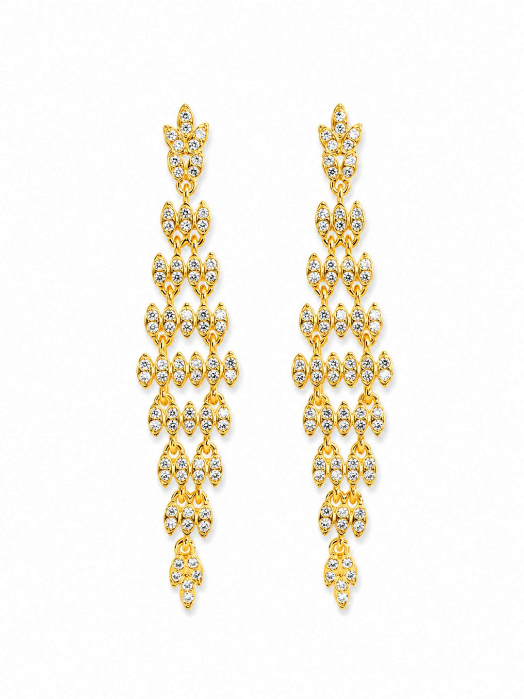 Pair of Adele gold crystal statement drop earrings on white background
