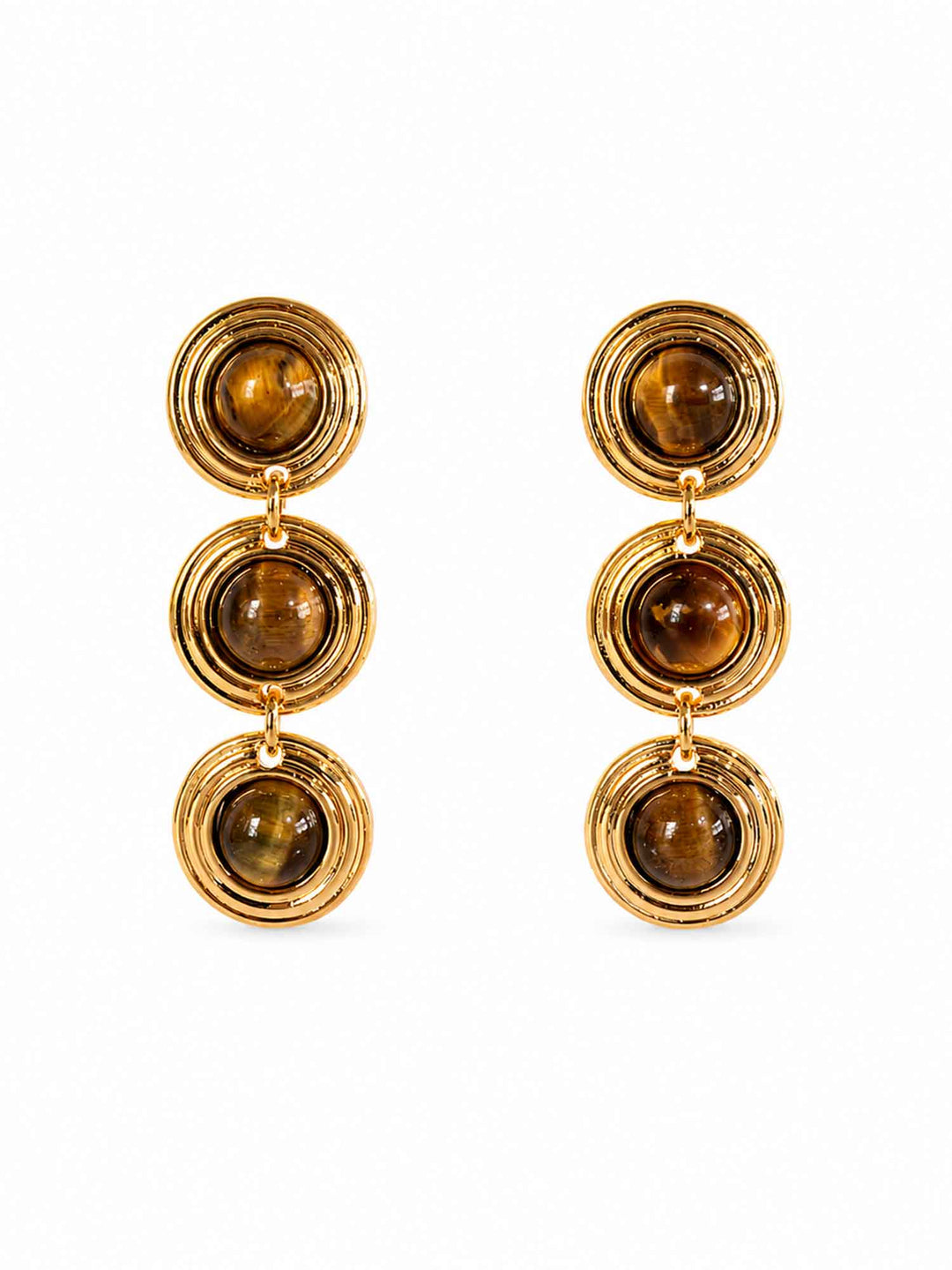 Pair of Alanis tiger eye gold drop earrings on white background