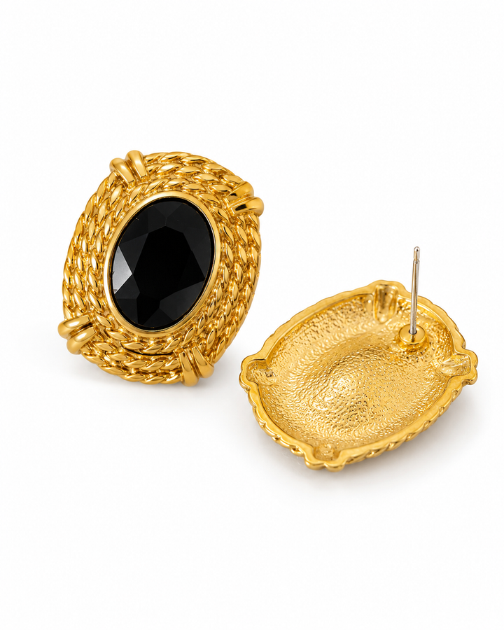 Back view of Atenea black glass statement earrings with surgical-steel posts