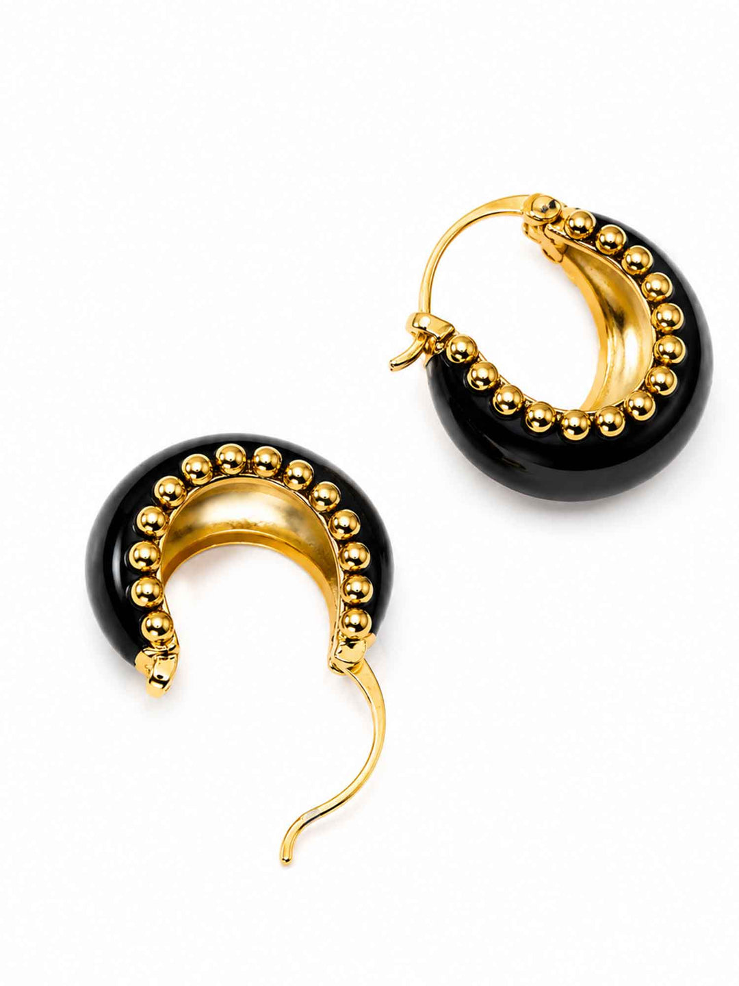 Back view of Brina black and gold hoop earrings with hoop closure