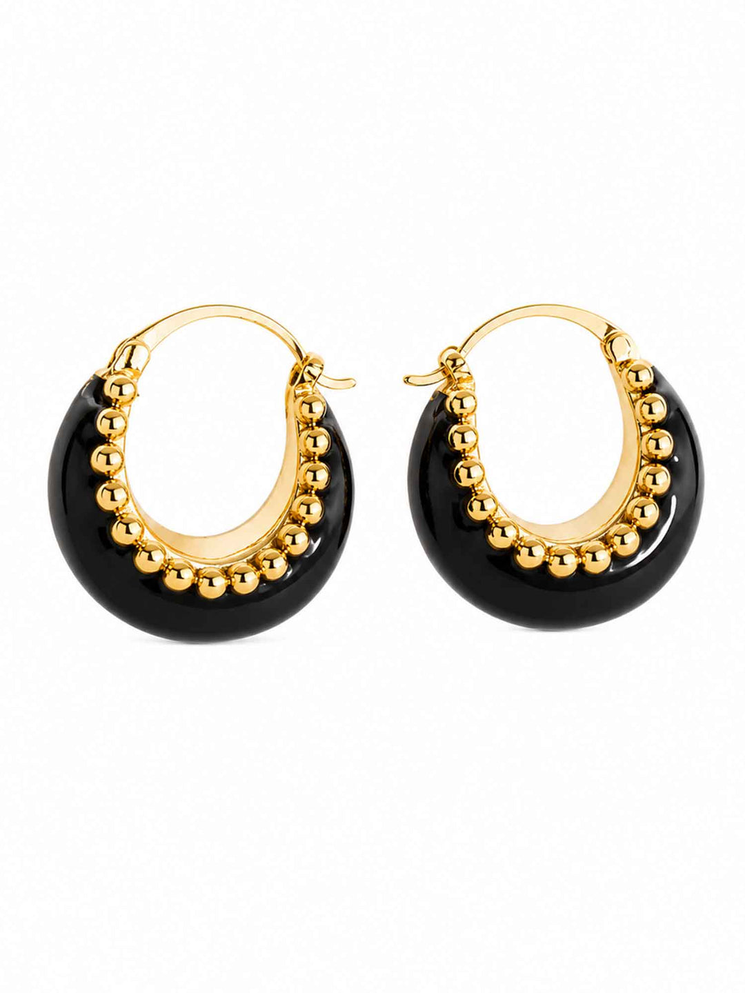 Front and back view of Brina black and gold hoop earrings