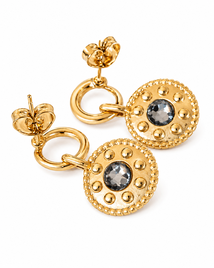 Back view of Celandine reversible black agate gold drop earrings with detachable pendants