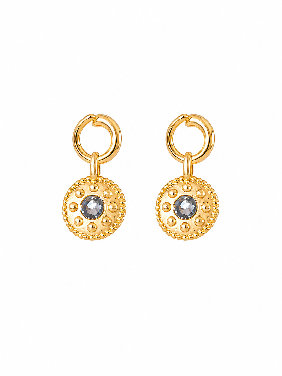 Pair of Celandine reversible black agate gold drop earrings on white background