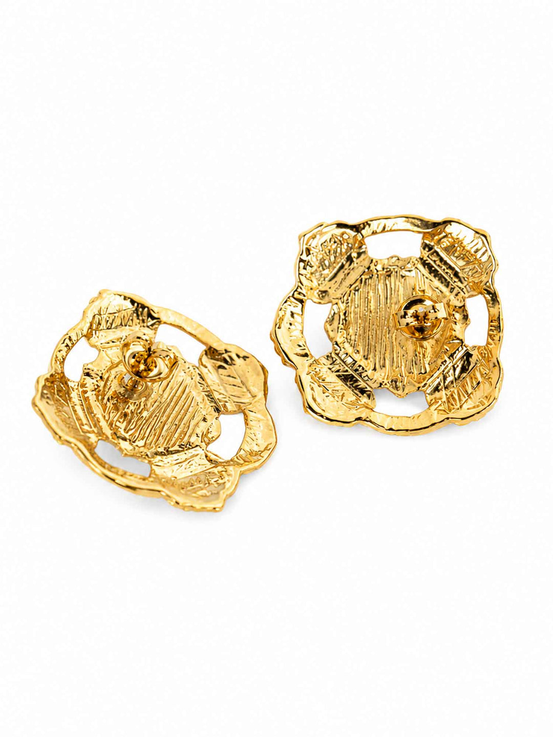 Back view of classic acrylic pearl gold stud earrings with surgical-steel posts