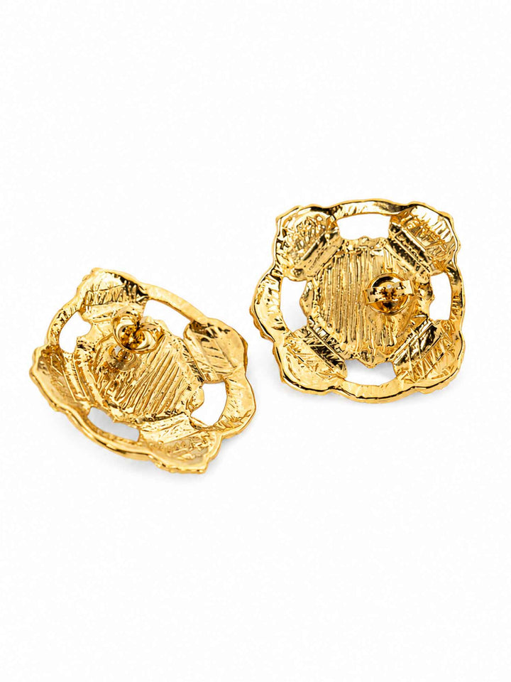 Back view of classic acrylic pearl gold stud earrings with surgical-steel posts