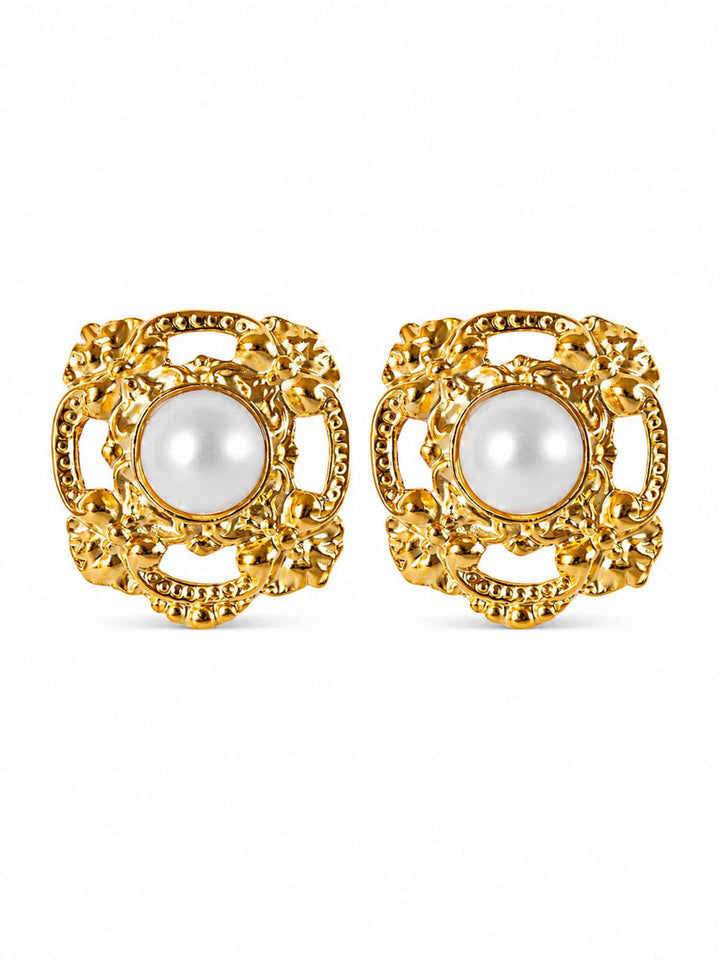 Pair of classic acrylic pearl gold stud earrings on white background