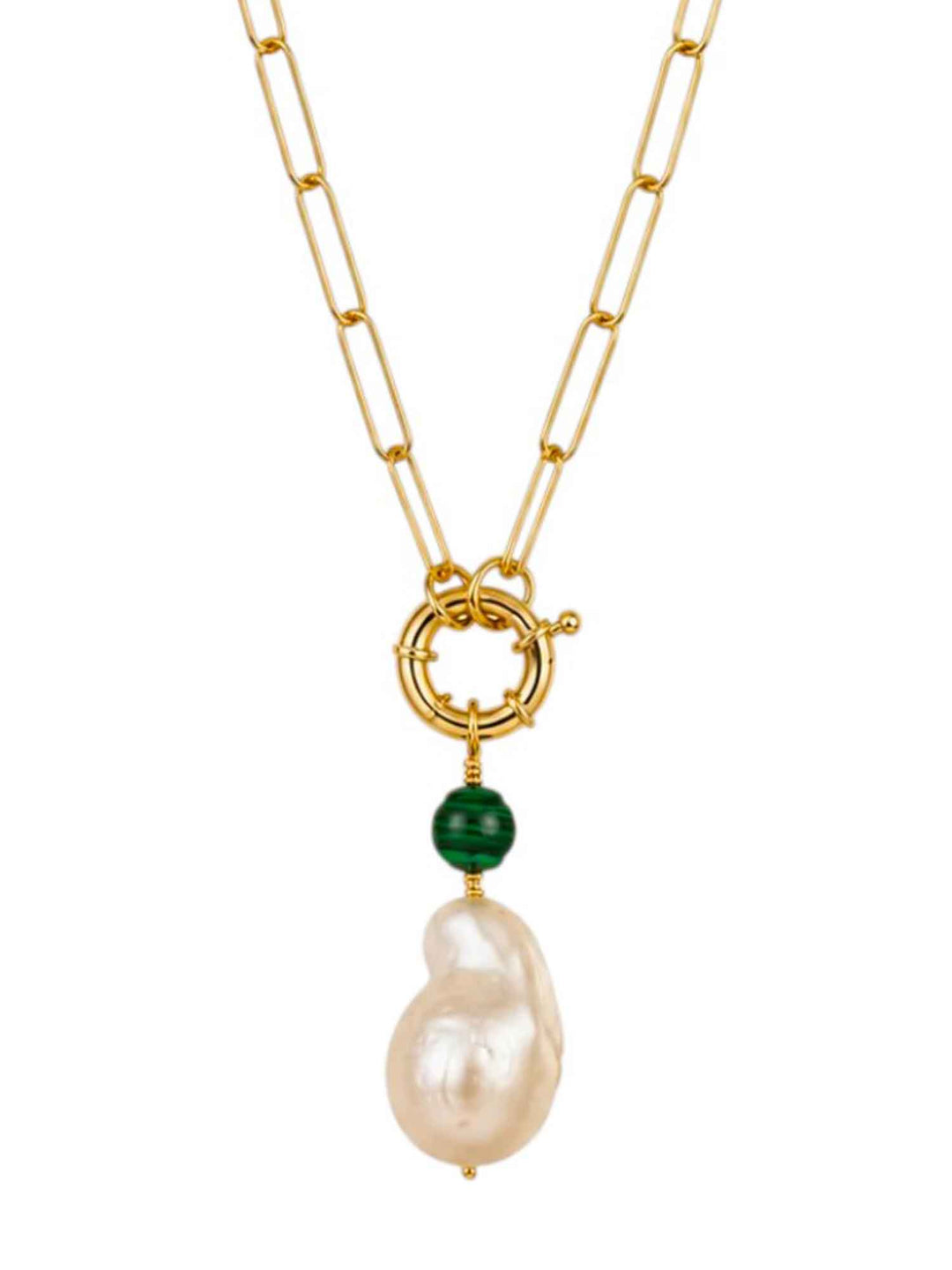 Clear Breeze baroque pearl malachite necklace on white background