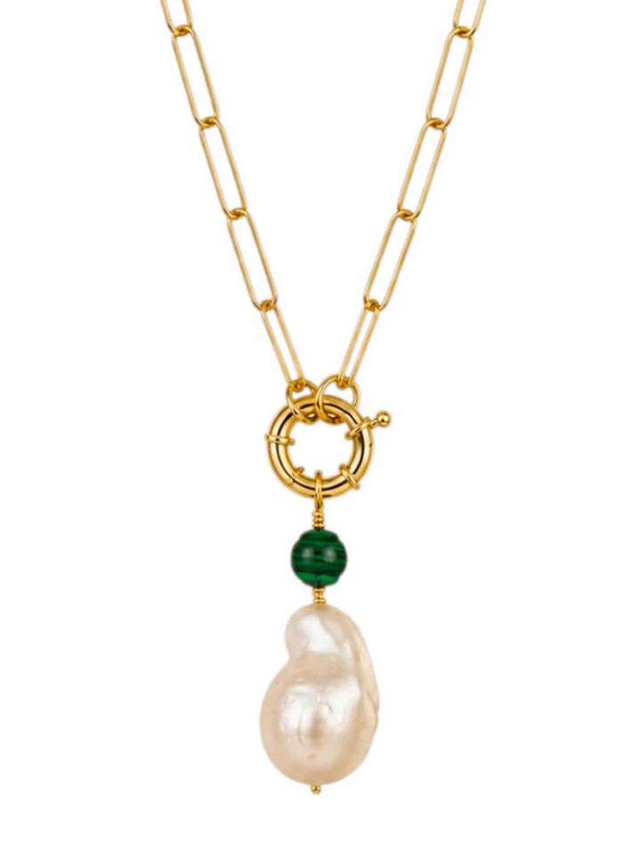 Clear Breeze baroque pearl malachite necklace on white background