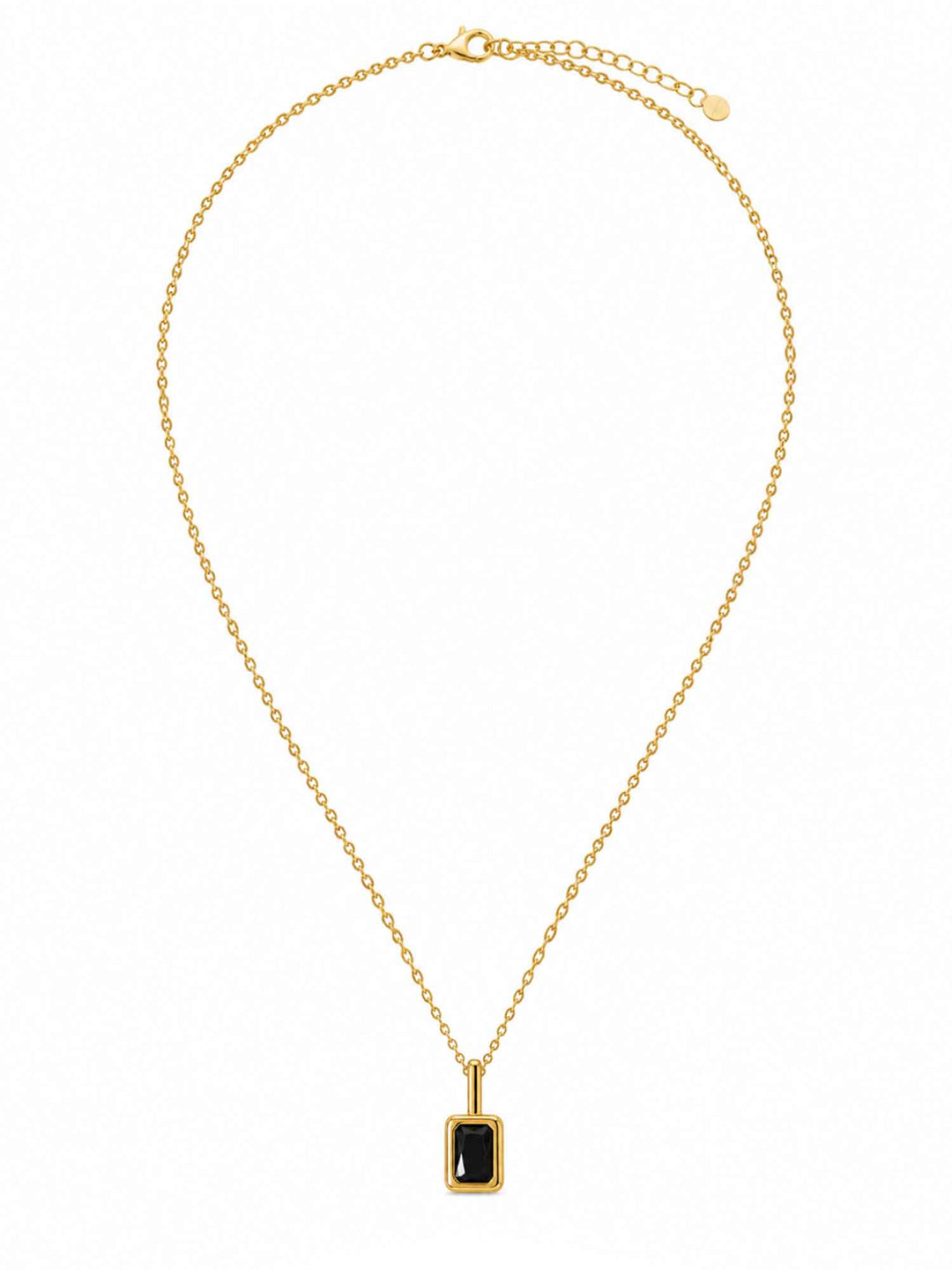 Full view of Clelia black cubic zirconia gold pendant necklace with adjustable chain