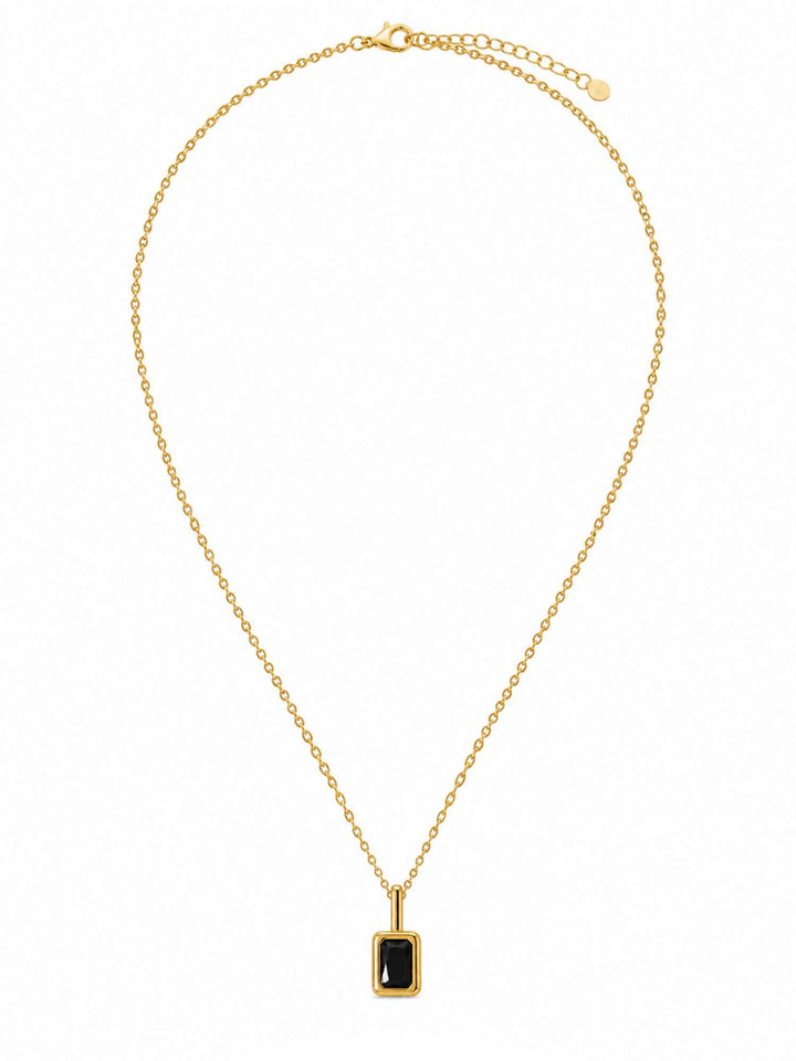 Full view of Clelia black cubic zirconia gold pendant necklace with adjustable chain