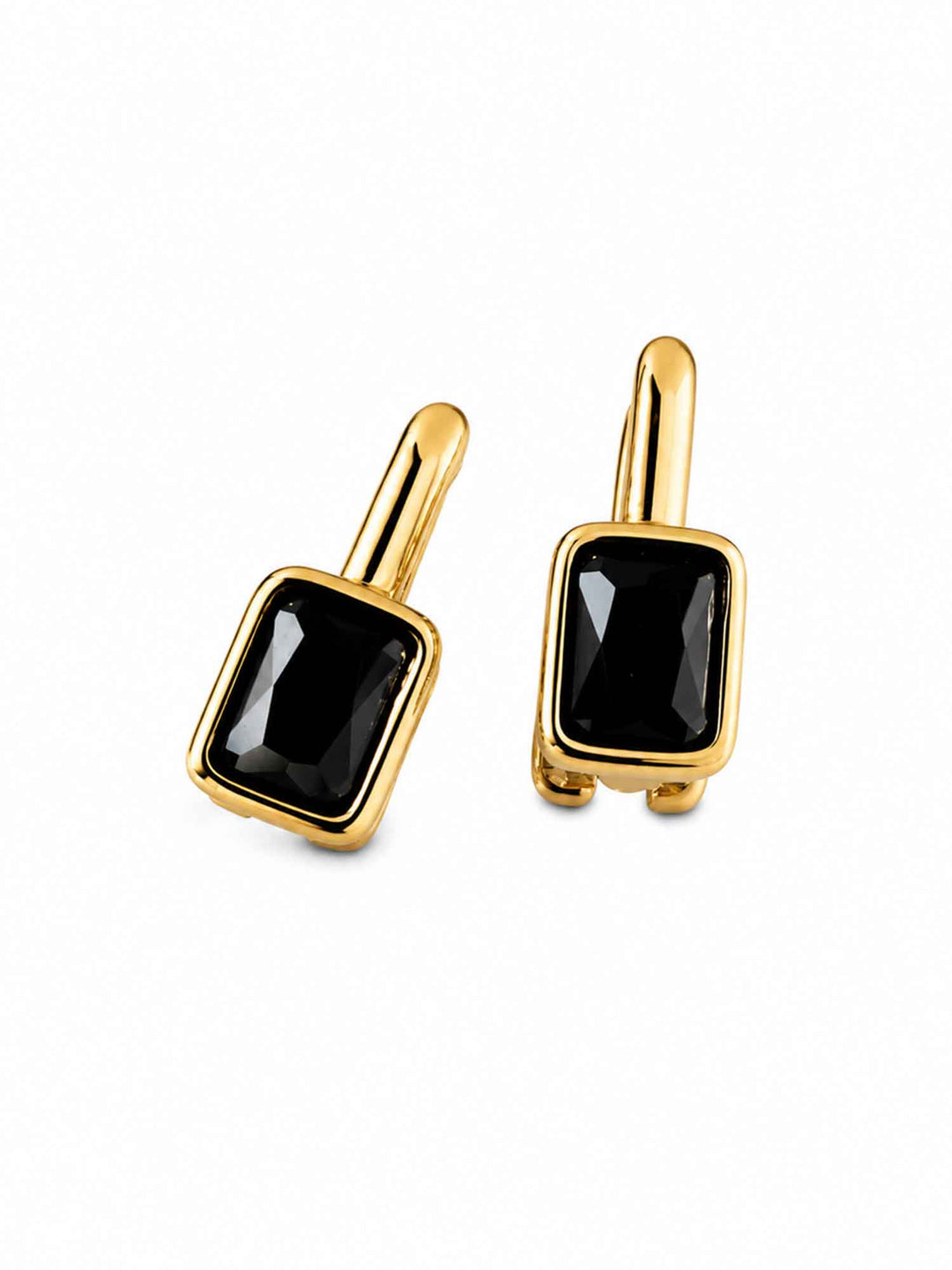 Back view of Clelia black cubic zirconia hoop earrings with gold-plated posts