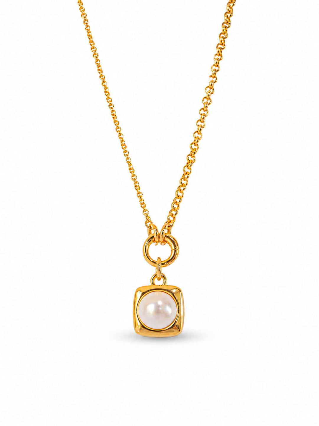 Clementine pearl square gold pendant necklace on white background