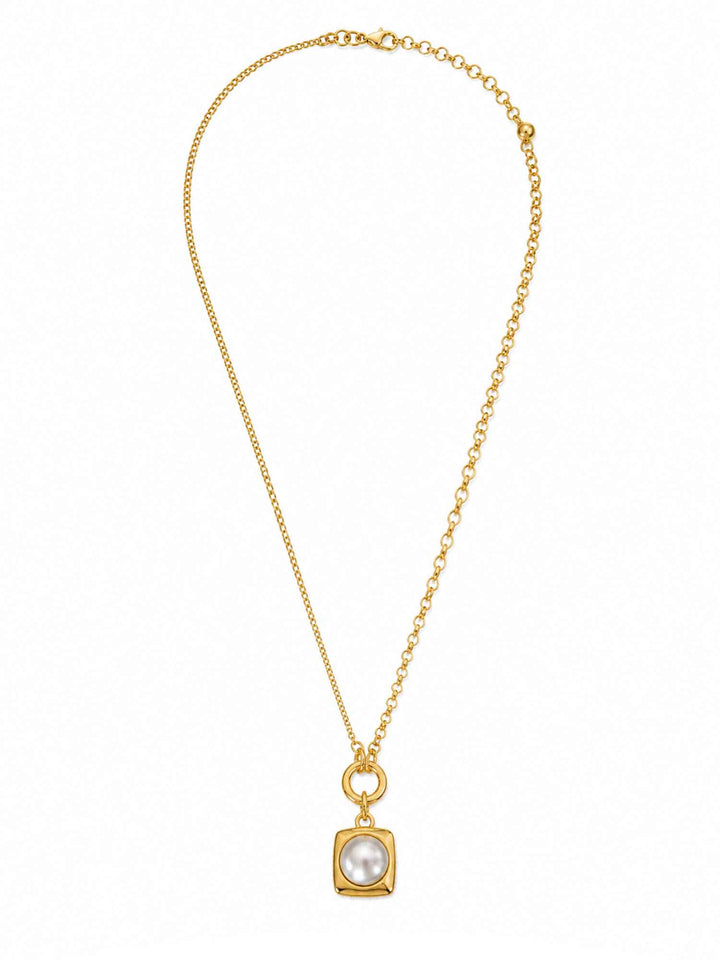 Full view of Clementine pearl square gold pendant necklace with adjustable chain