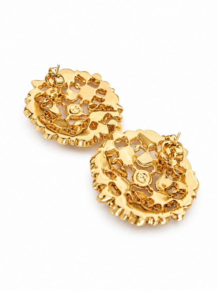 Back view of Corisande gold cubic zirconia statement earrings with surgical-steel posts