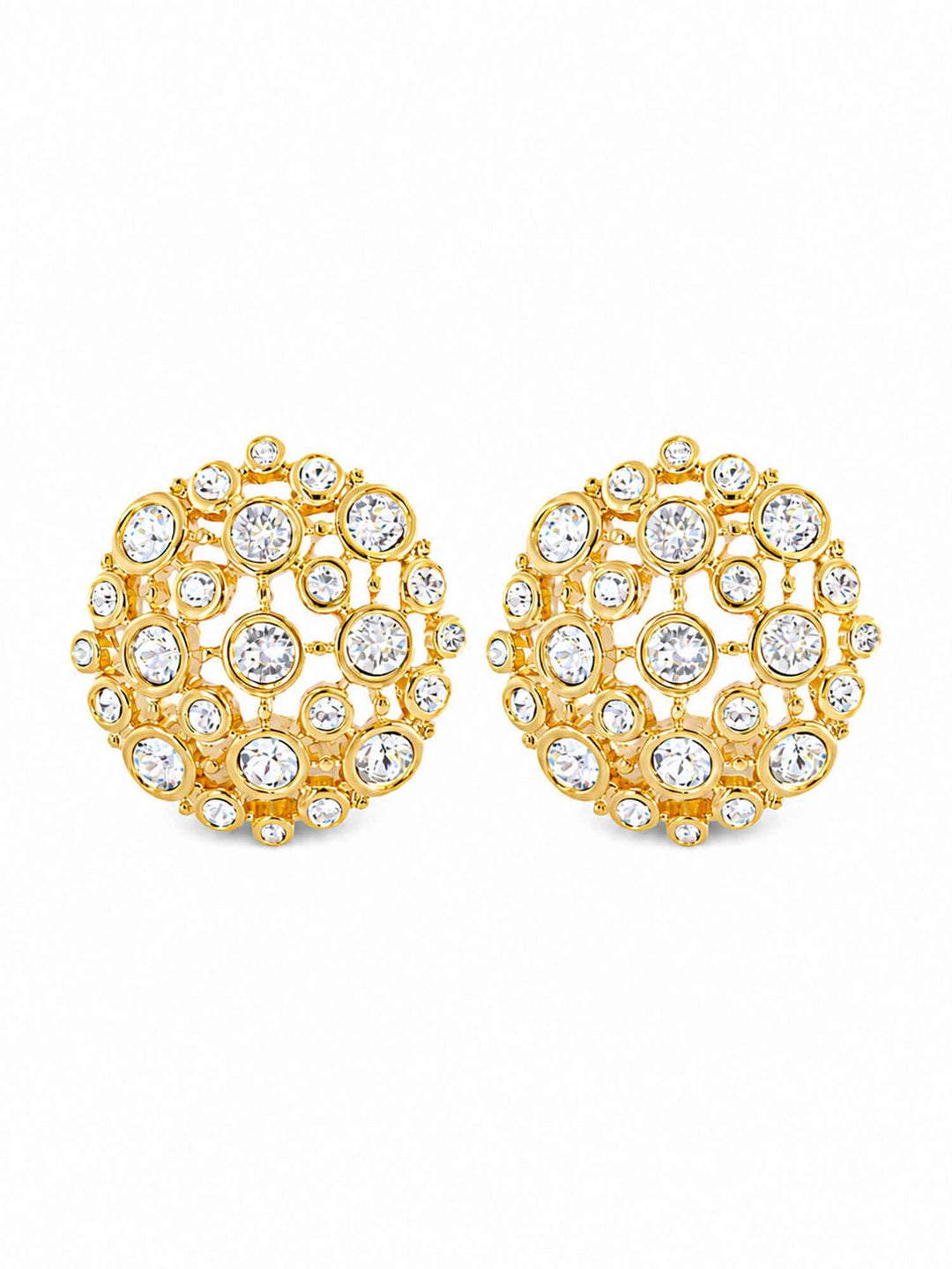 Pair of Corisande gold cubic zirconia statement earrings on white background