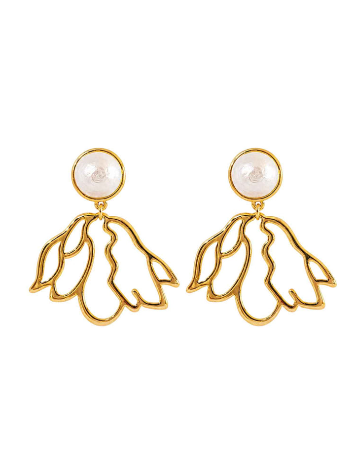 Pair of Dancer cotton pearl gold drop earrings on white background