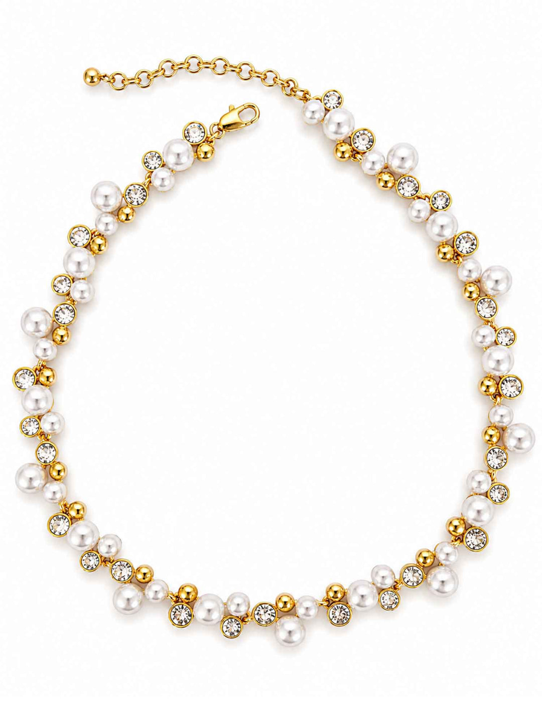 Full view of Elspeth imitation pearl glass crystal necklace with adjustable chain