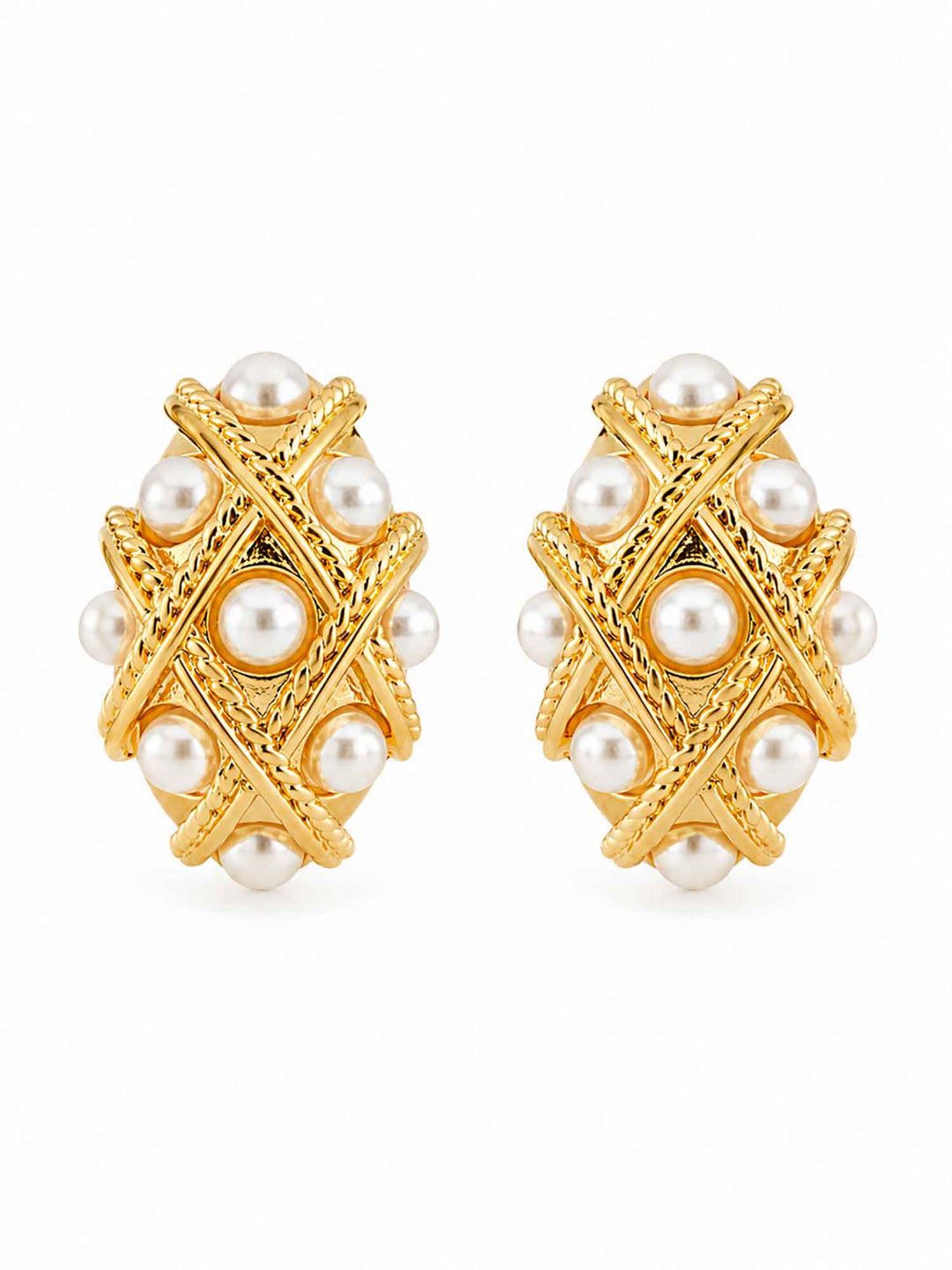 Pair of Encounter glass pearl gold stud earrings on white background