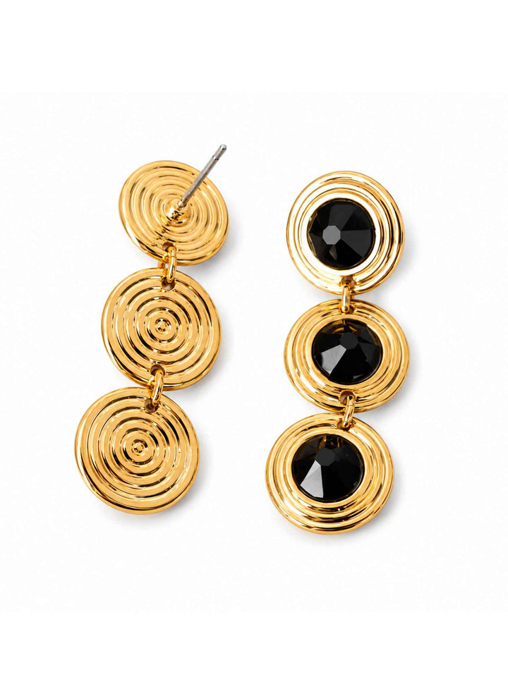Back view of Evienne black crystal gold drop earrings with surgical-steel posts