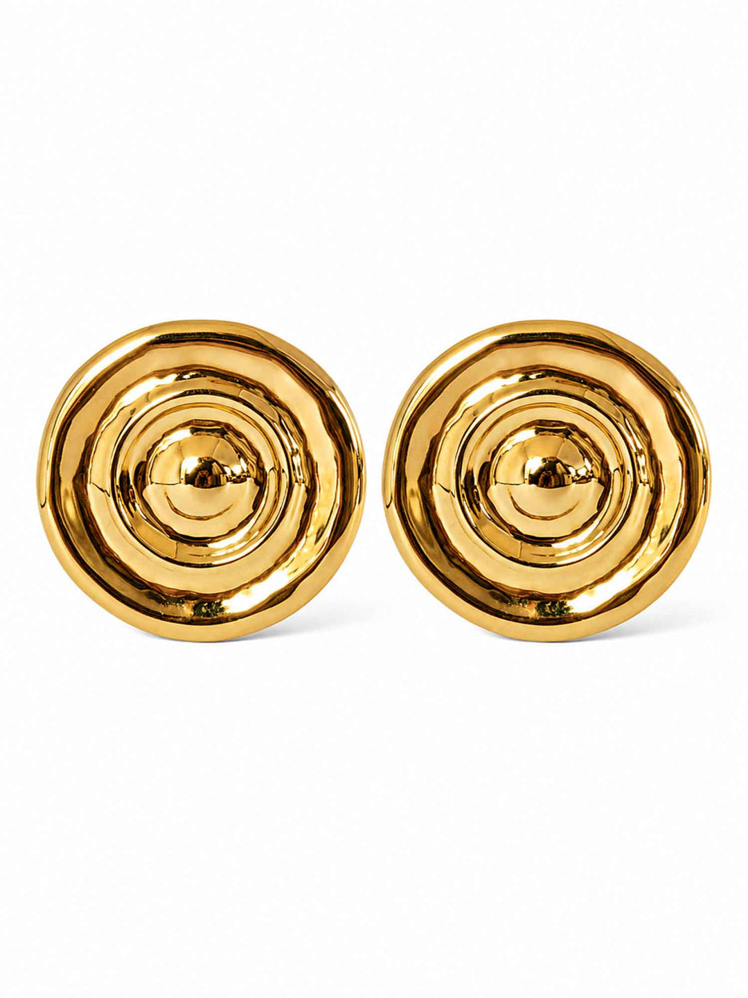 Pair of Flowing Light gold statement stud earrings on white background