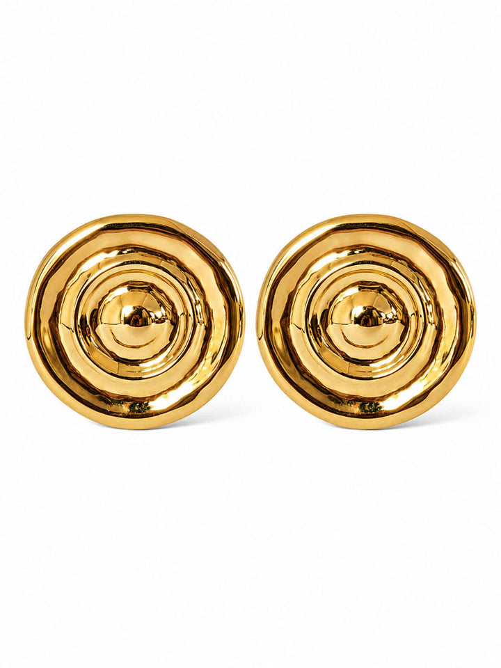 Pair of Flowing Light gold statement stud earrings on white background