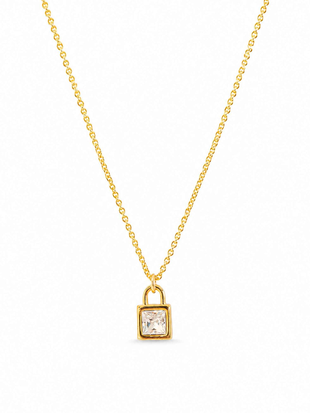 Ginevra crystal lock gold pendant necklace on white background