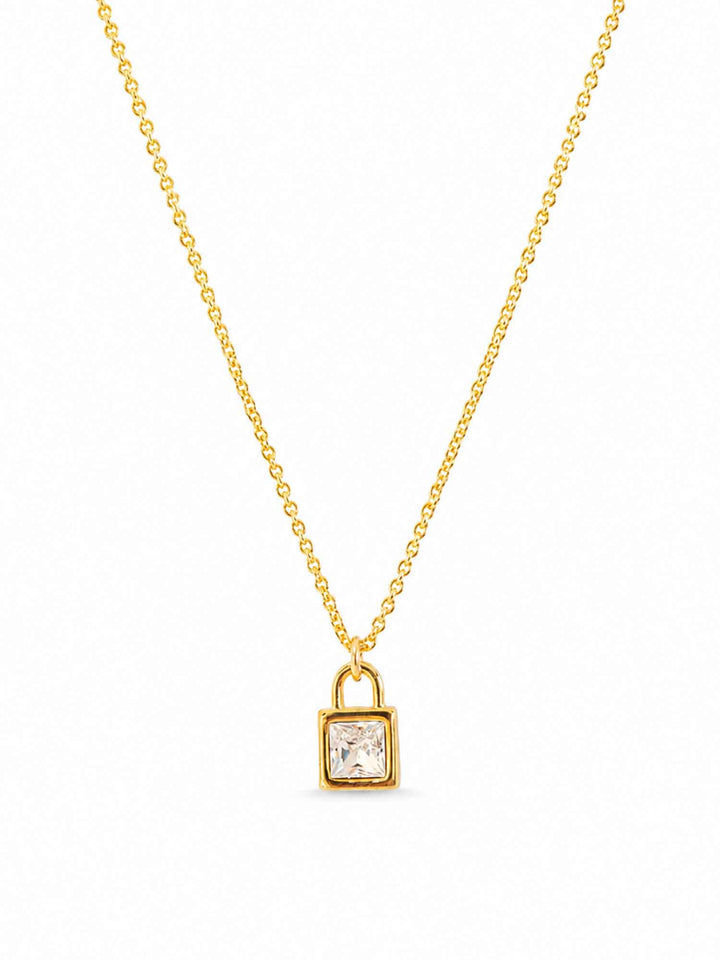 Ginevra crystal lock gold pendant necklace on white background