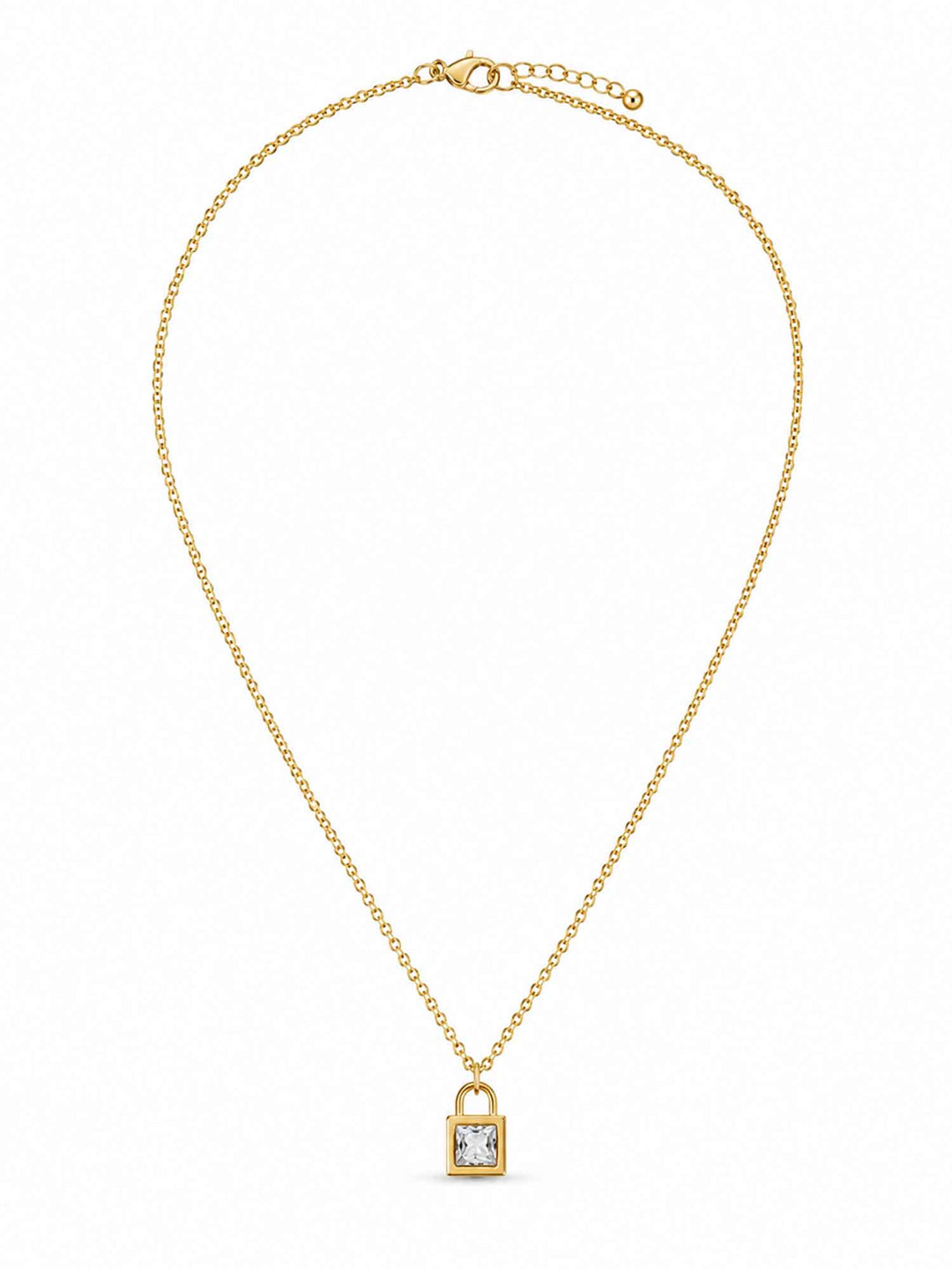 Full view of Ginevra crystal lock gold pendant necklace with adjustable chain