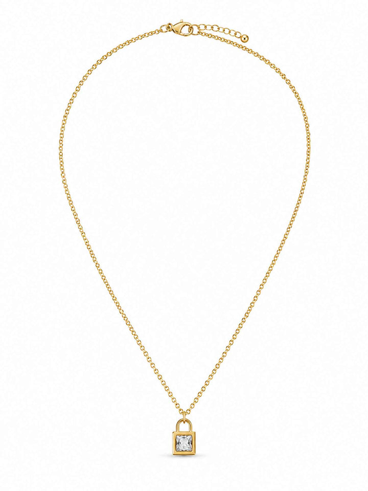 Full view of Ginevra crystal lock gold pendant necklace with adjustable chain