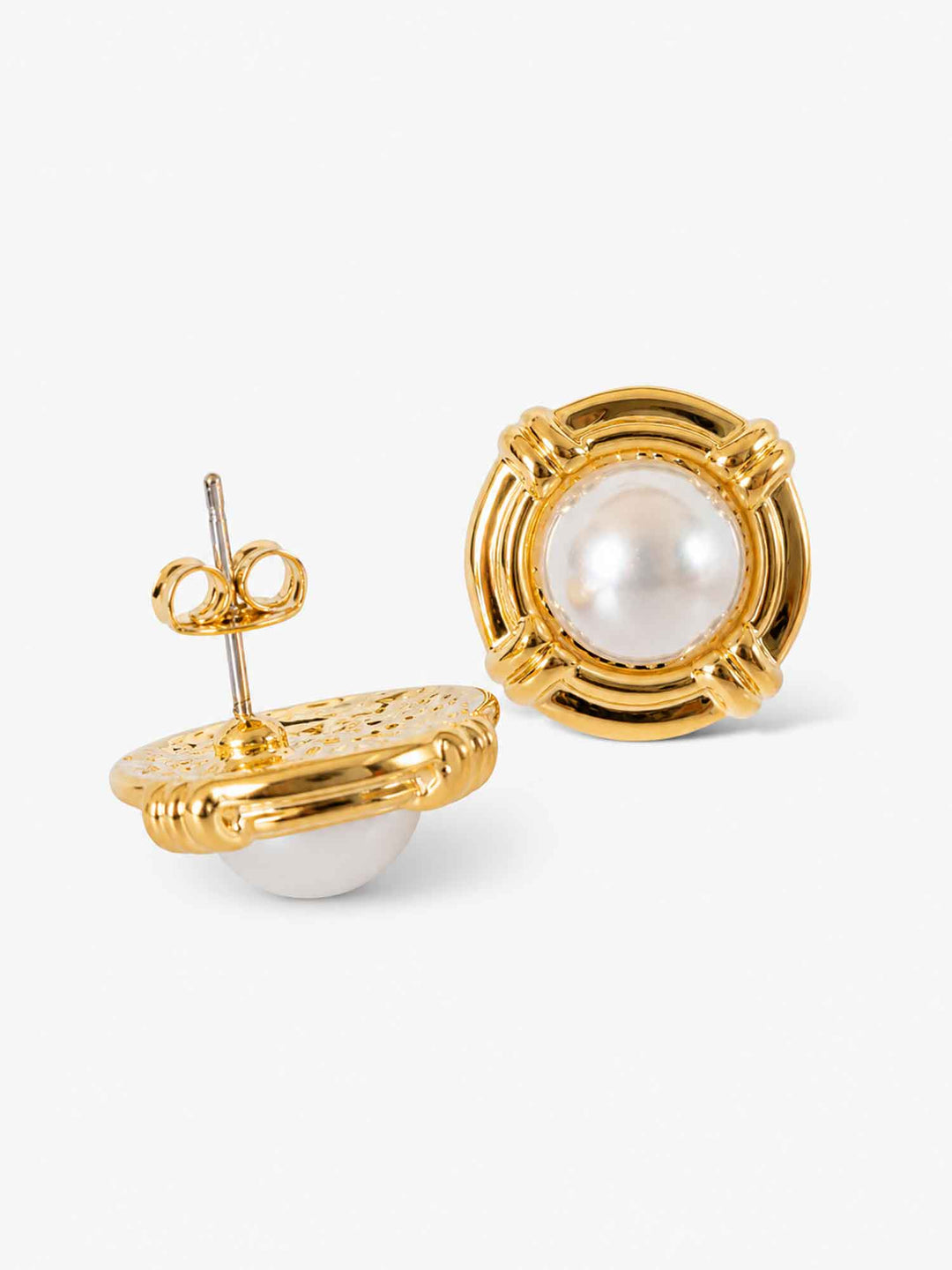 Back view of gold pearl stud earrings with surgical-steel posts