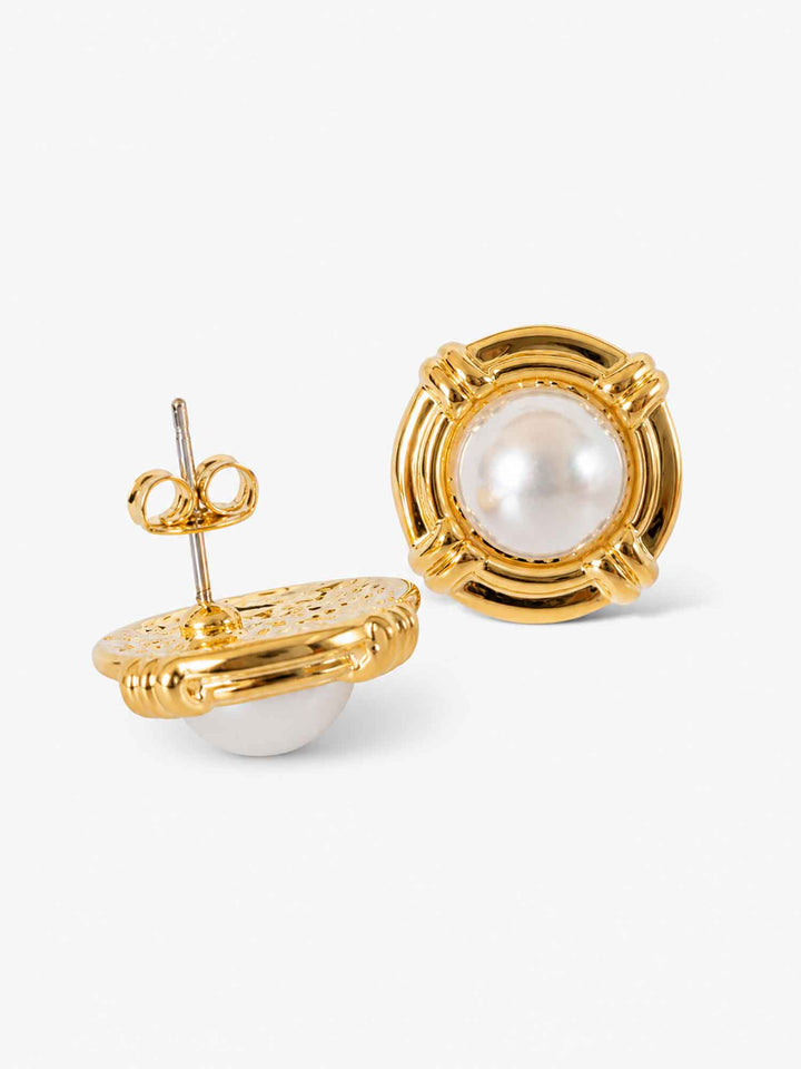 Back view of gold pearl stud earrings with surgical-steel posts