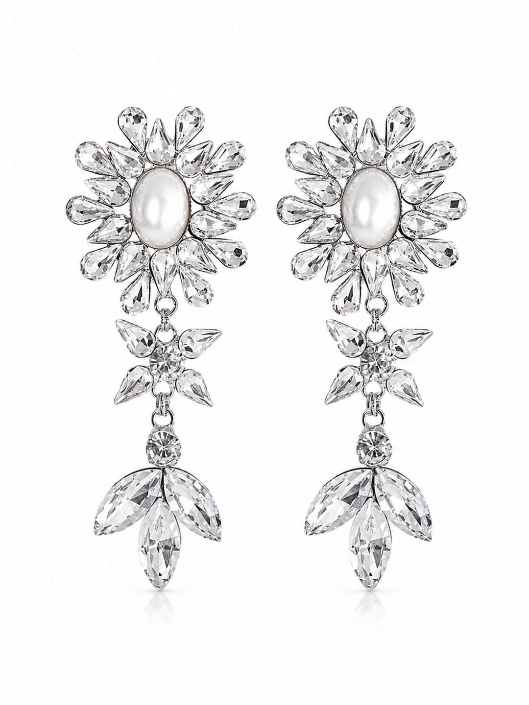 Pair of Haven silver crystal pearl drop earrings on white background