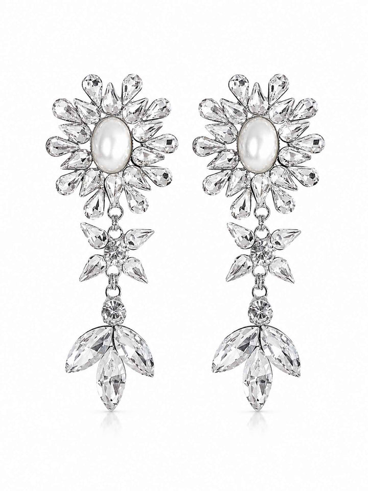 Pair of Haven silver crystal pearl drop earrings on white background