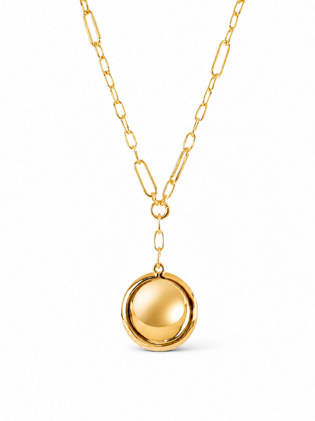 Inez detachable round pendant gold necklace on white background