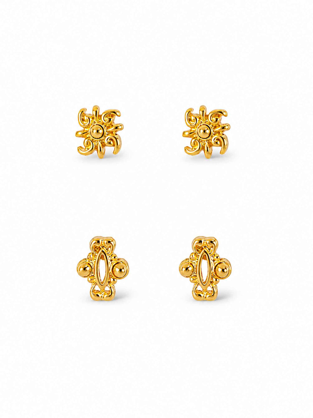 Iris floral gold mini hoop earring set on white background