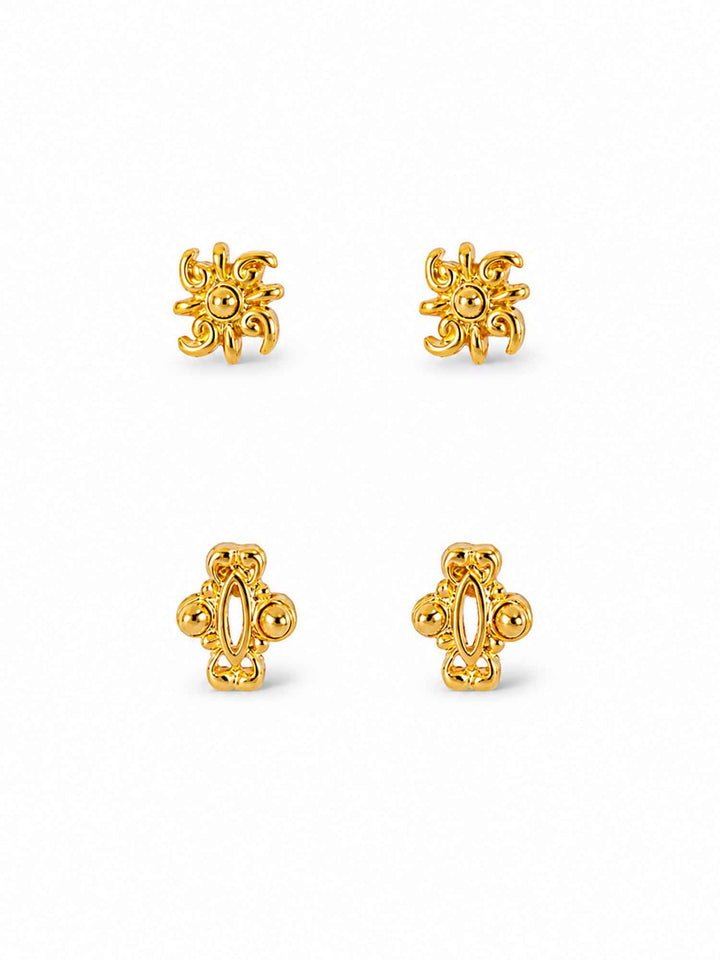 Iris floral gold mini hoop earring set on white background