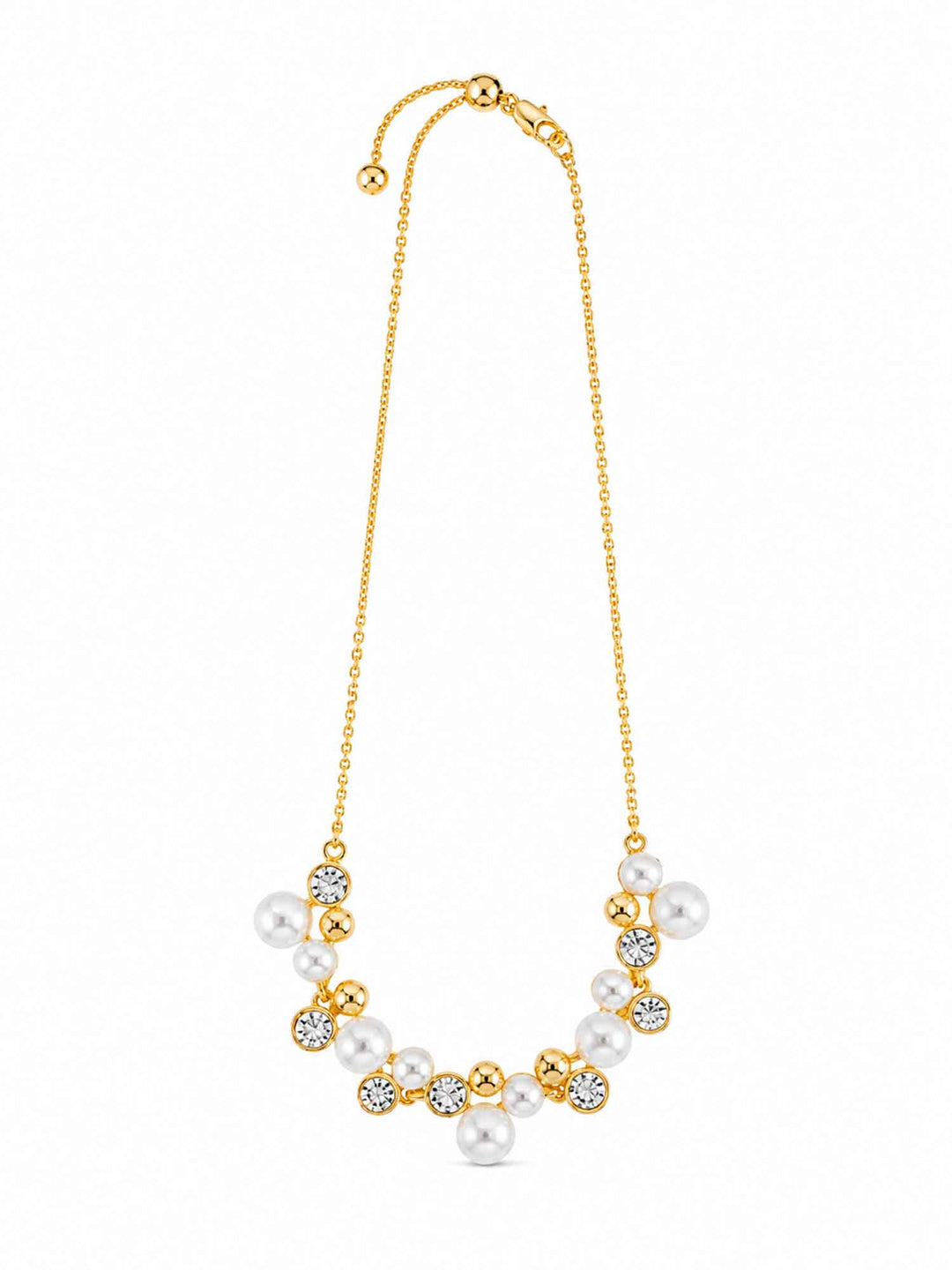 Full view of Jessamine crystal pearl cubic zirconia necklace with adjustable chain