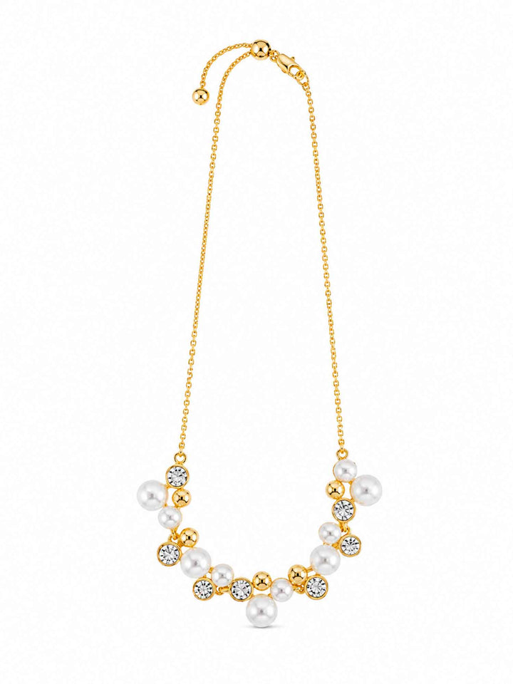 Full view of Jessamine crystal pearl cubic zirconia necklace with adjustable chain