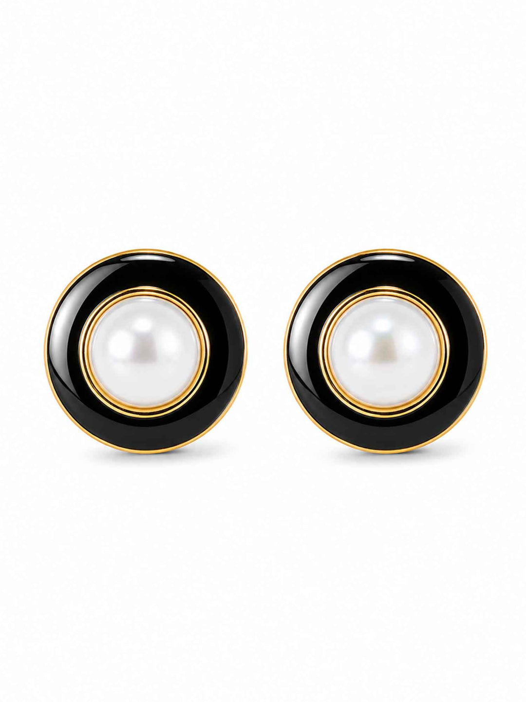 Pair of Kason black enamel pearl stud earrings on white background