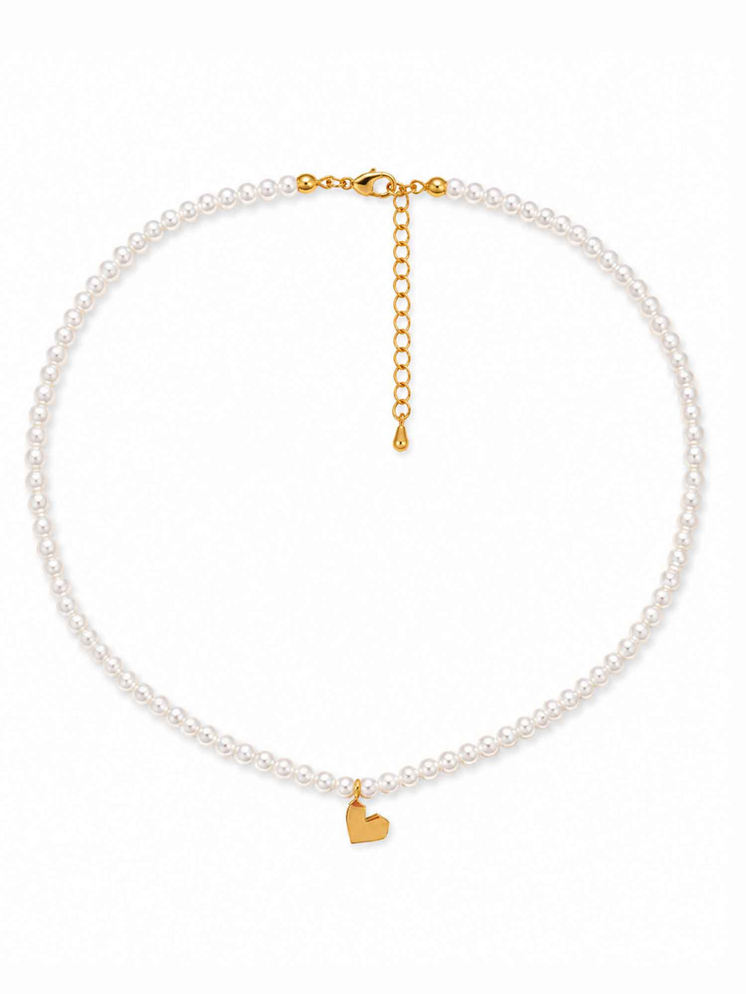 Full view of Leah glass pearl heart necklace with adjustable chain