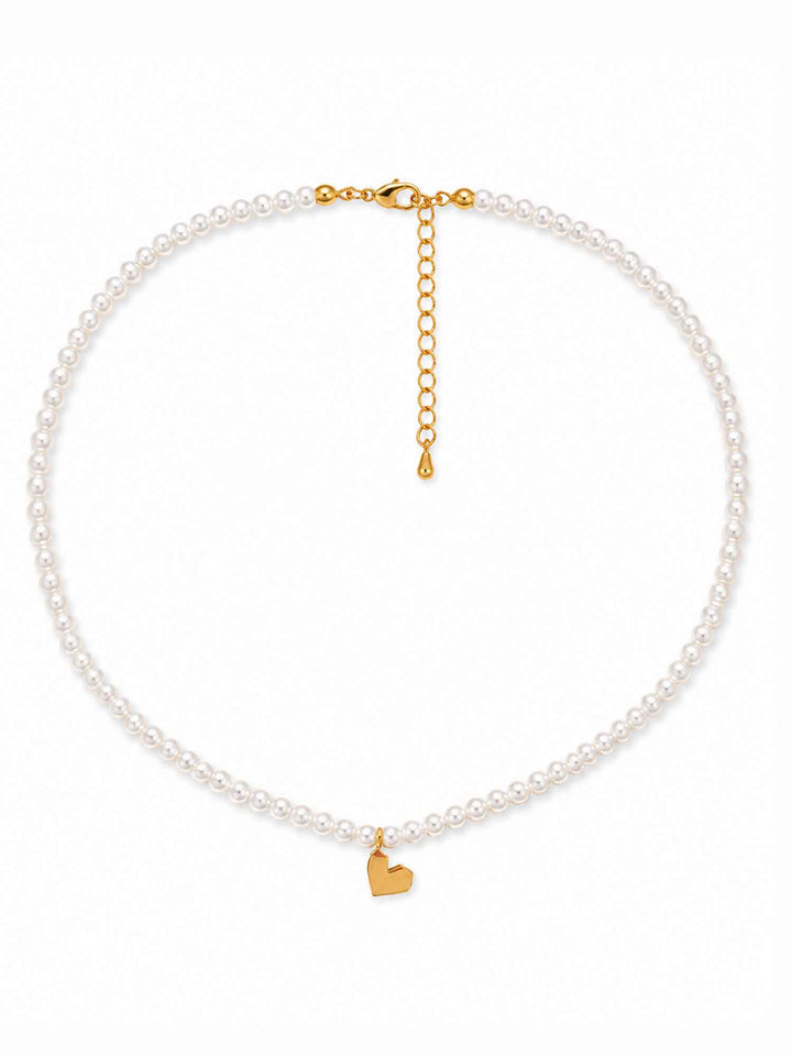 Full view of Leah glass pearl heart necklace with adjustable chain