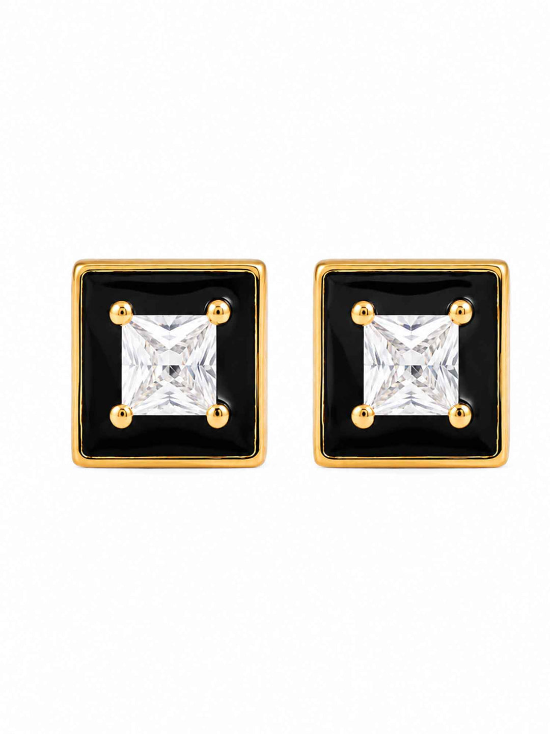 Pair of Leticia black enamel cubic zirconia stud earrings on white background